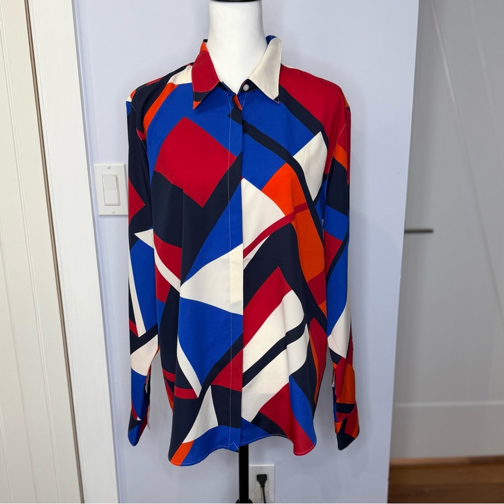 Lauren Ralph Lauren Bold Geometric Print Blouse, Red/Blue/Orange, Size XL, NEW!